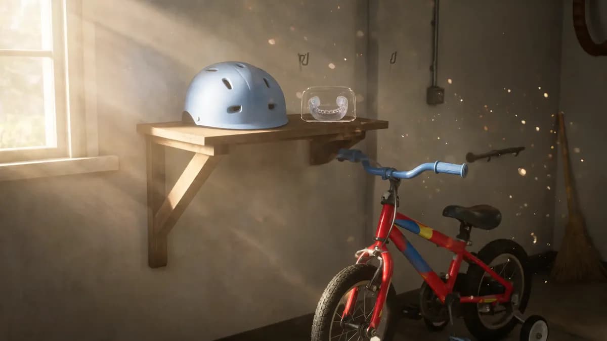A bicycle helmet and a sports mouthguard case on a garage shelf next to a child's bicycle