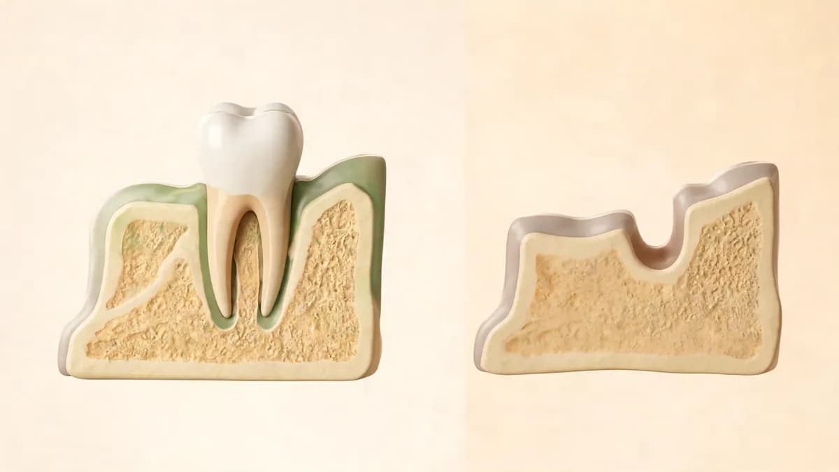Medical illustration comparing a full jaw ridge holding a tooth root with a narrower ridge where a tooth has been lost