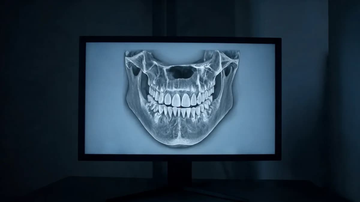 A monitor displaying a 3D cone beam style scan of a jaw and teeth in a dim room