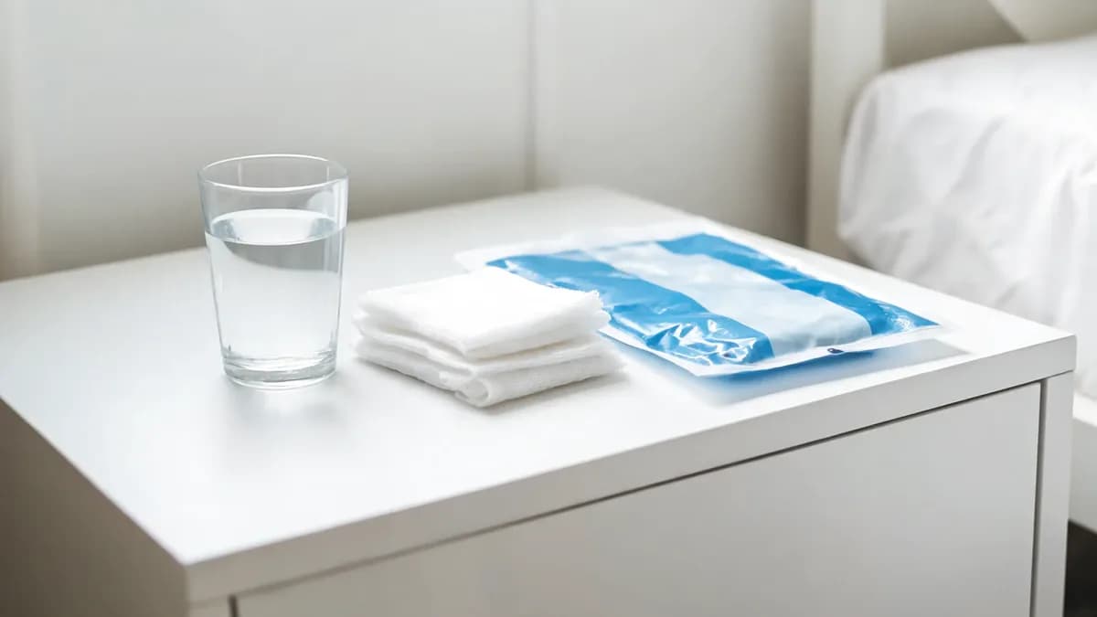 A glass of water with no straw beside folded sterile gauze pads and a cold gel pack on a bedside table
