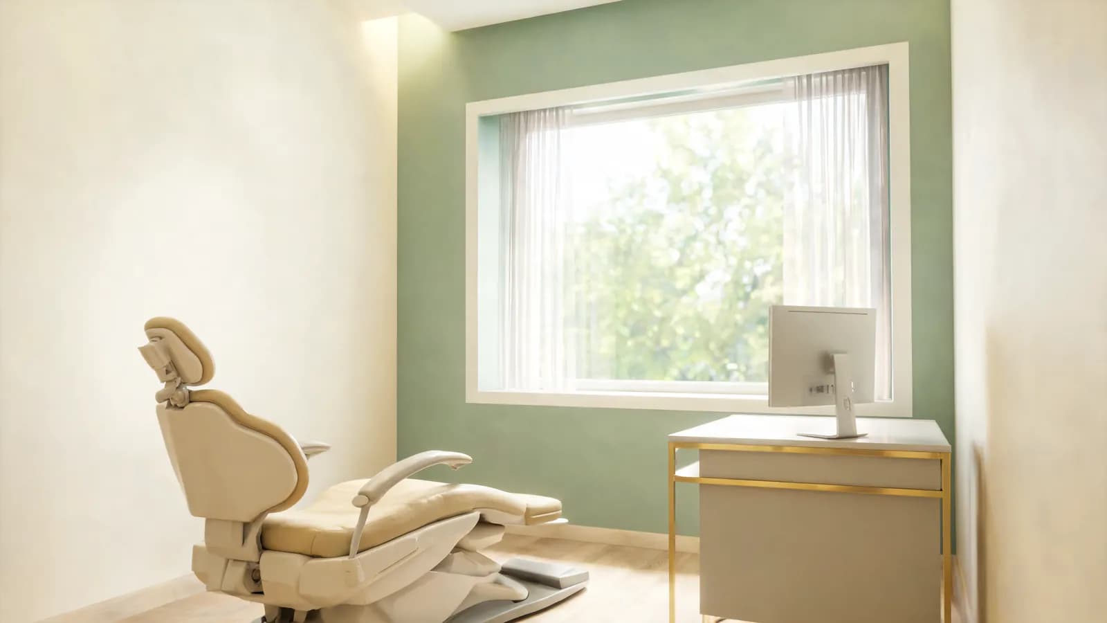 A calm, modern consultation room with a treatment chair and soft daylight from a large window