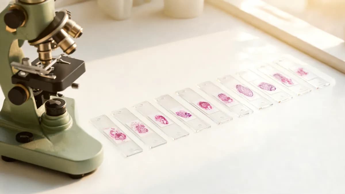 A laboratory microscope beside glass slides holding stained tissue sections, as used to examine an oral biopsy