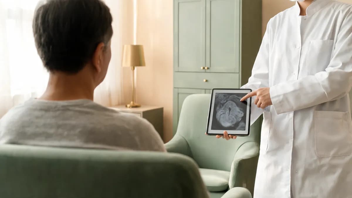 A clinician and a patient in a calm consultation room reviewing results together on a tablet