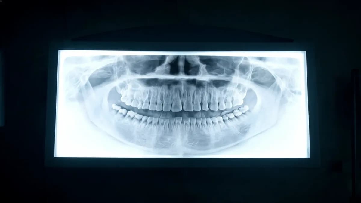 A panoramic dental x-ray of a full set of teeth on a bright light panel, with the lower wisdom teeth visible at the back