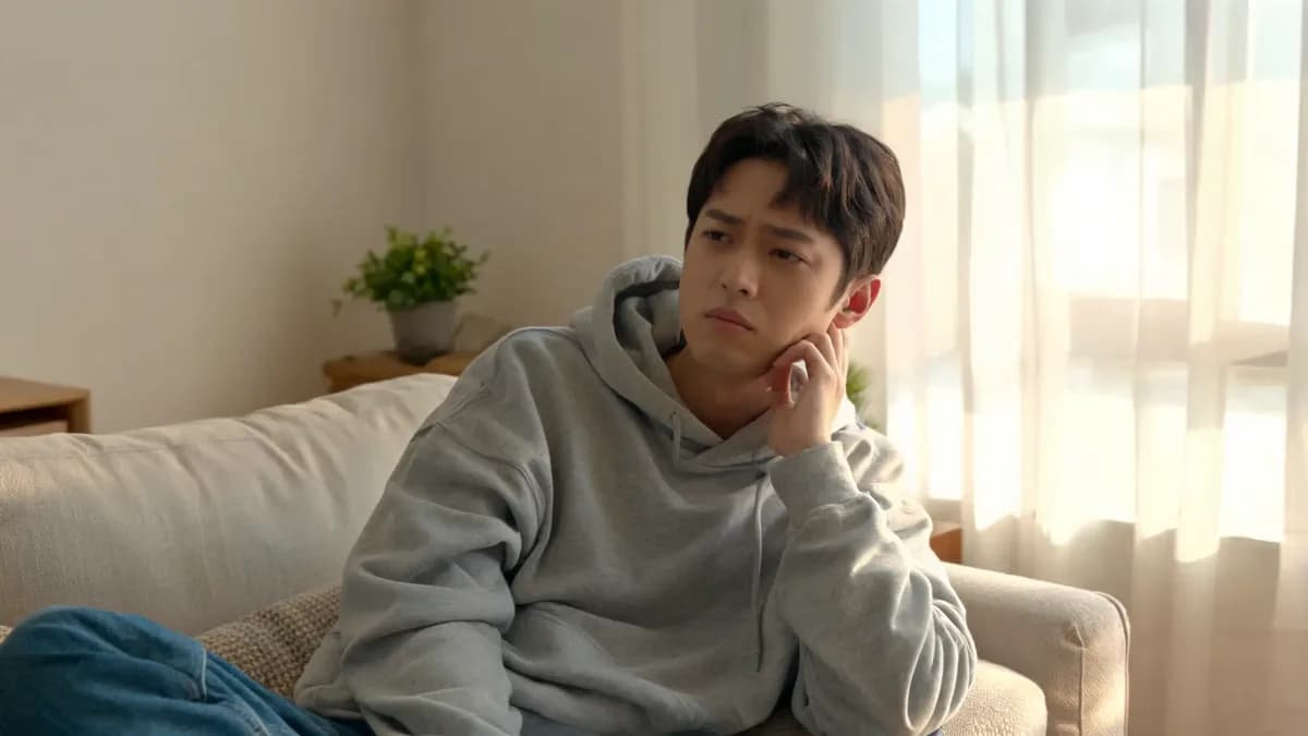 A young adult on a couch at home gently touching the back of the jaw with a mildly uncomfortable expression