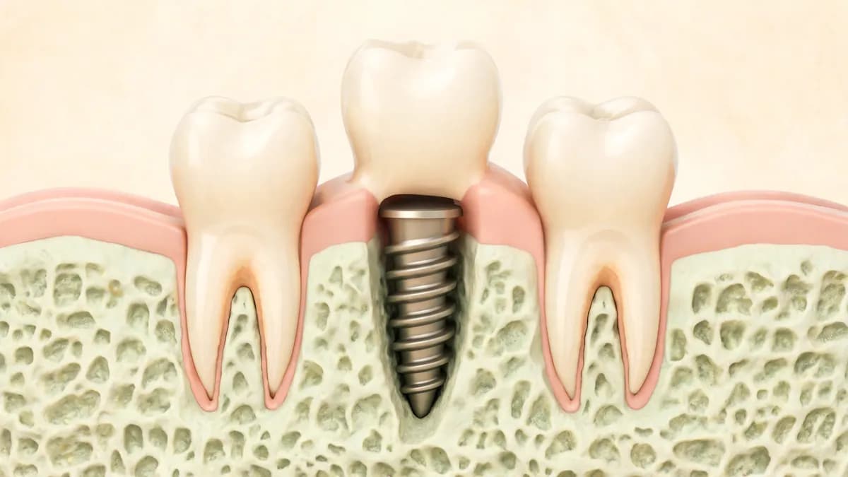 Medical illustration of a dental implant seated in healthy jaw bone with a crown, between two natural teeth