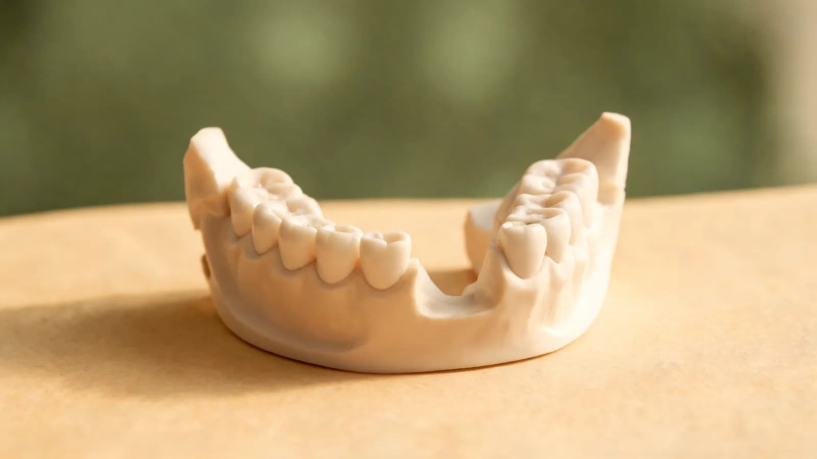 An anatomical model of a lower jaw with one molar missing, showing the gap left after a tooth extraction