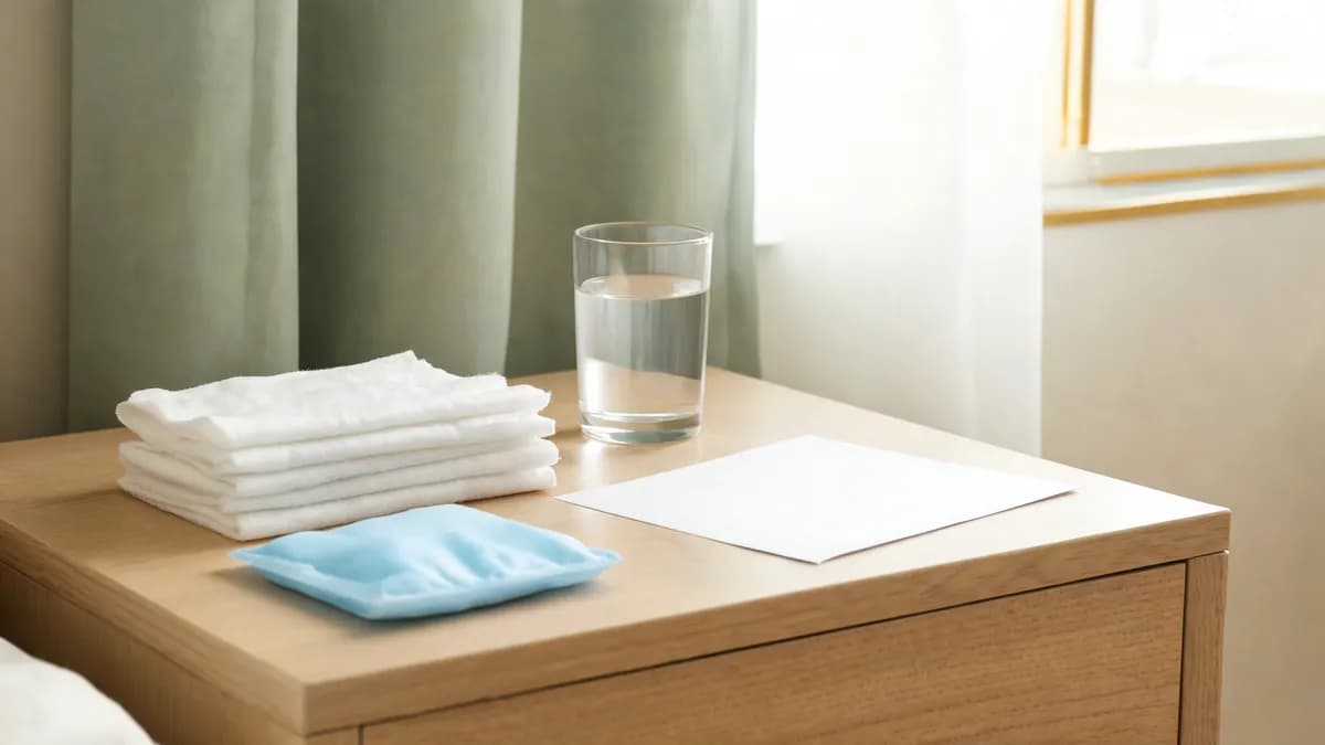 Folded sterile gauze pads, a cold gel pack and a glass of water laid out on a bedside table for wisdom teeth aftercare
